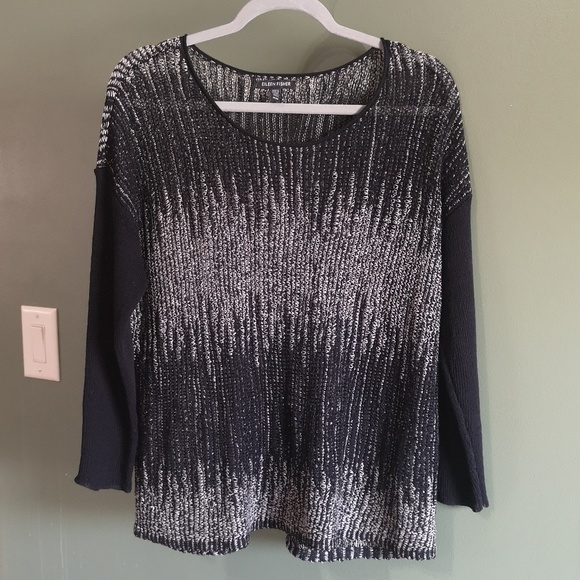 Eileen Fisher Wool Linen Blend Pullover Loose Knit Sweater Black & White Sz M - Picture 2 of 11